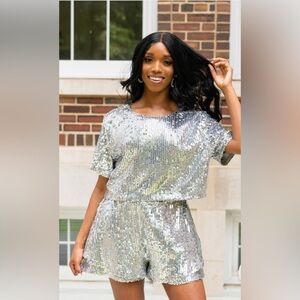 Buddy love 2piece silver LAURA SEQUIN skirt & blouse top skirt set size medium